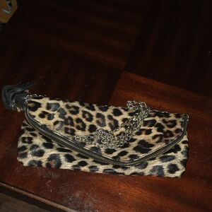 Leopard Pattern Clutch with Chain Accent